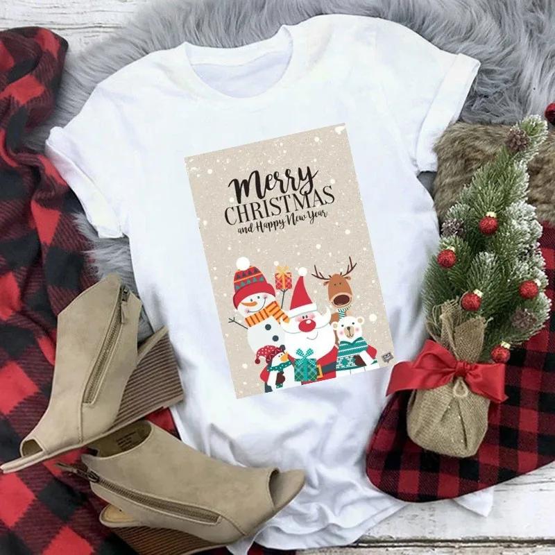 Santa Claus Christmas New Year holiday pattern T-shirt top women's fashion clothing women's short sleeved T-shirt