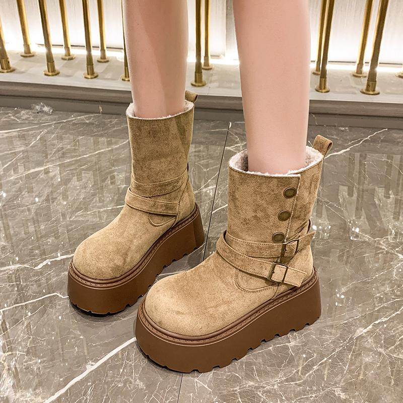 Winter Buckle Ankle Flat with Snow Boots Zip Mid Heel Shoes Female 2025 Fashion Ladies Shoes Round Toe Concise Women's Boots