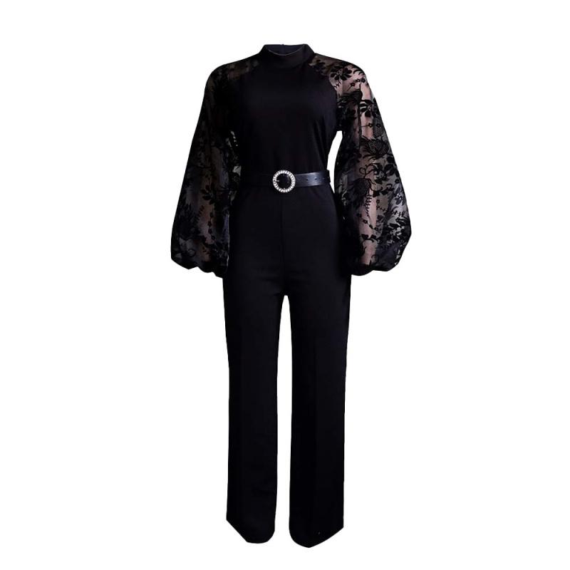 2026 New Model Stand Collar Mesh Lantern Sleeve Slim Fit Women s Belted Wide-Leg Jumpsuit S чёрный