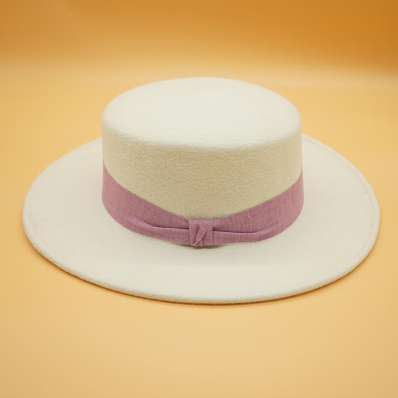 French Retro Simple White Woolen Flat Top Panama Top Hat Female Autumn And Winter British Celebrity Felt Elegant Hat