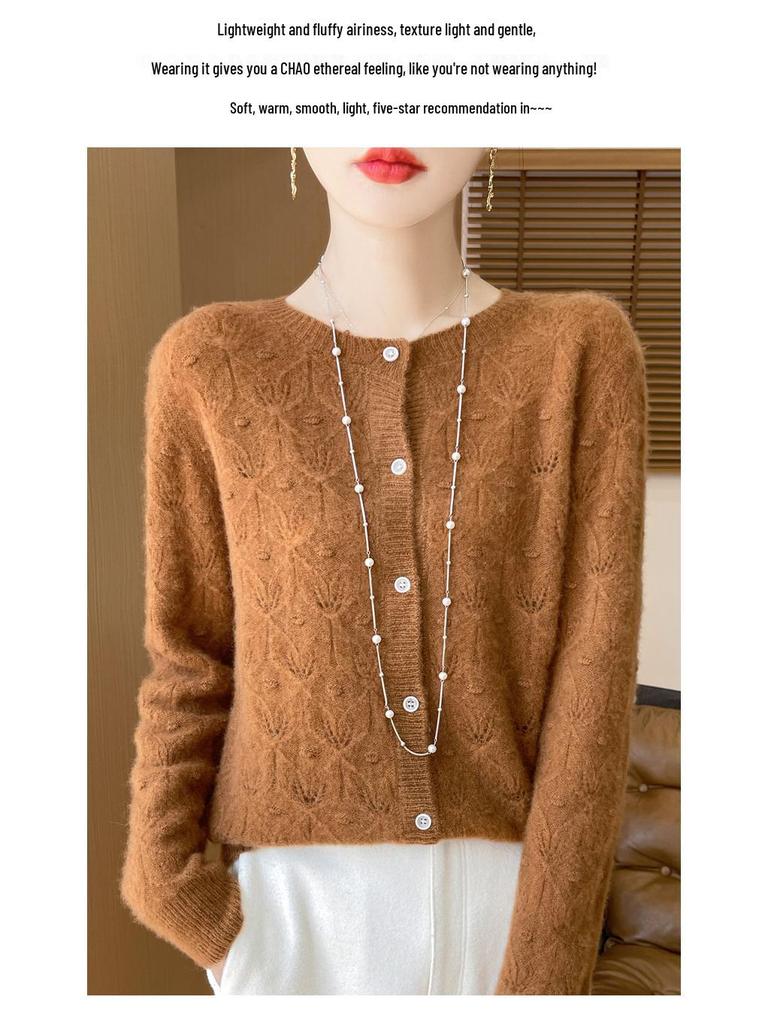 2024 Early Autumn Women's Merino Wool Round Neck Knit Cardigan with Hollow Details