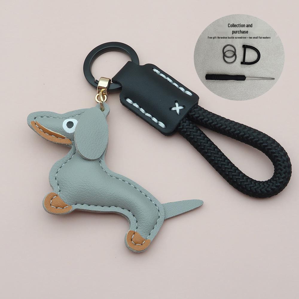 Mini Dachshund Cowhide Keychain: High-Quality Anti-Lost Lanyard with Cute Doll Pendant