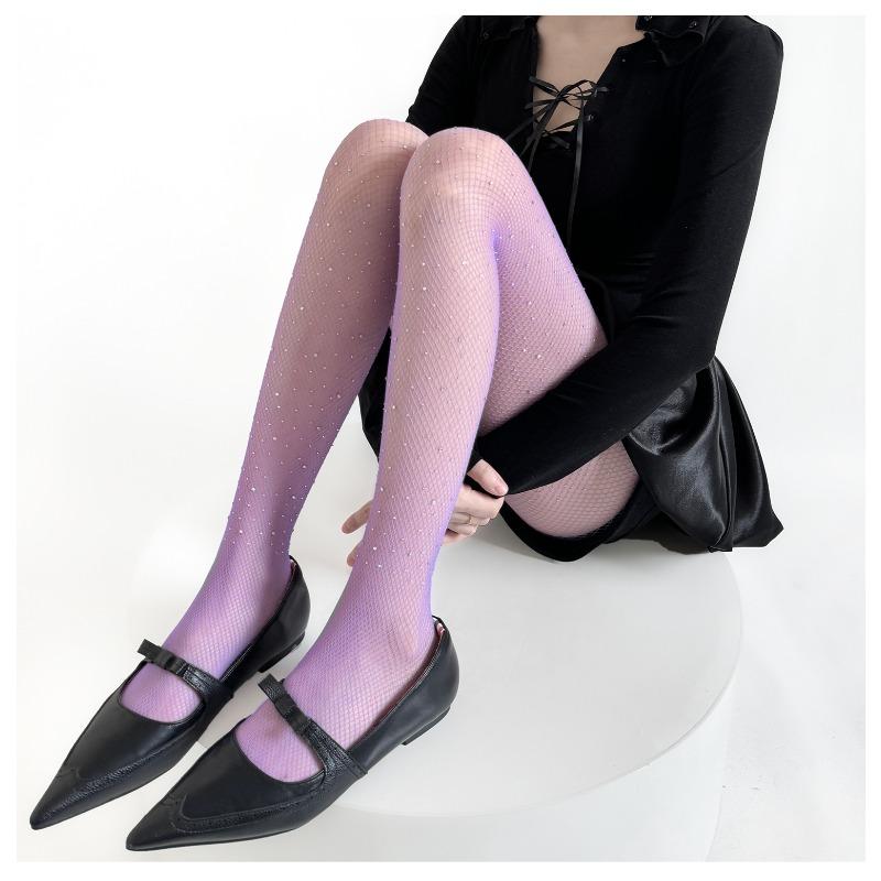 Water Droplet Fishnet Stockings in Dreamy Purple Diamond Cutouts and Sheer Sexy Silk Stockings with Glittering Diamonds for A Beautiful Leg Ensemble