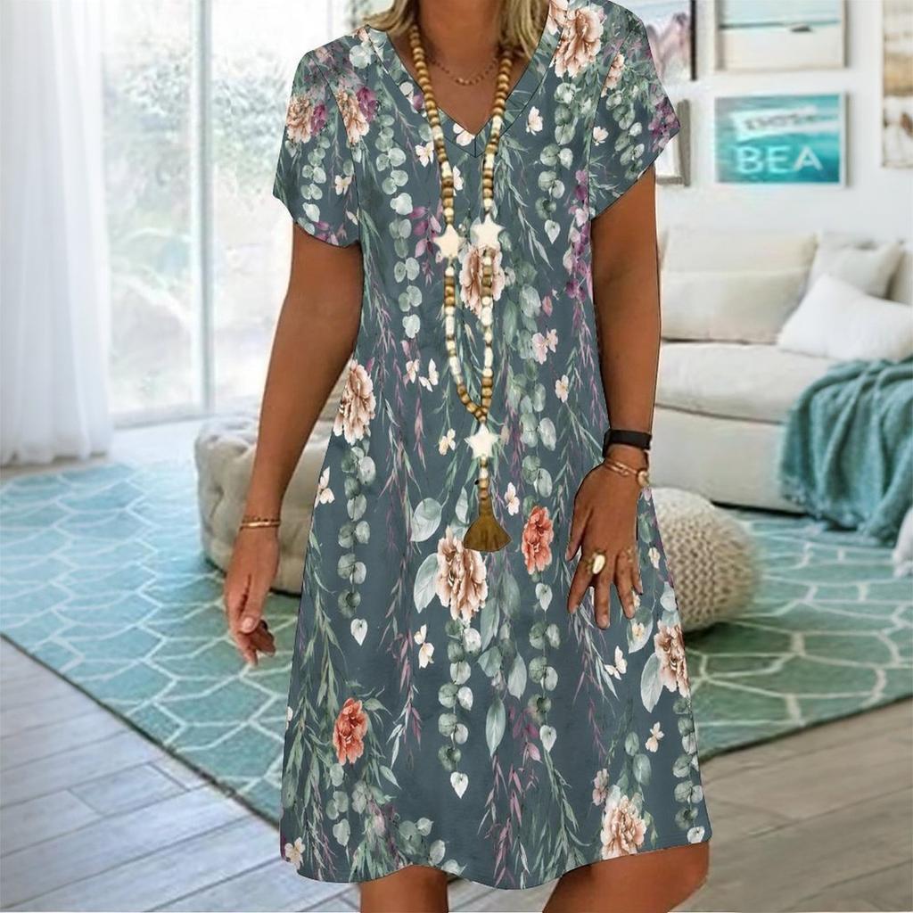 Women Plus Size V Neck Short Sleeve Floral Printed Green A Line Flared Dress