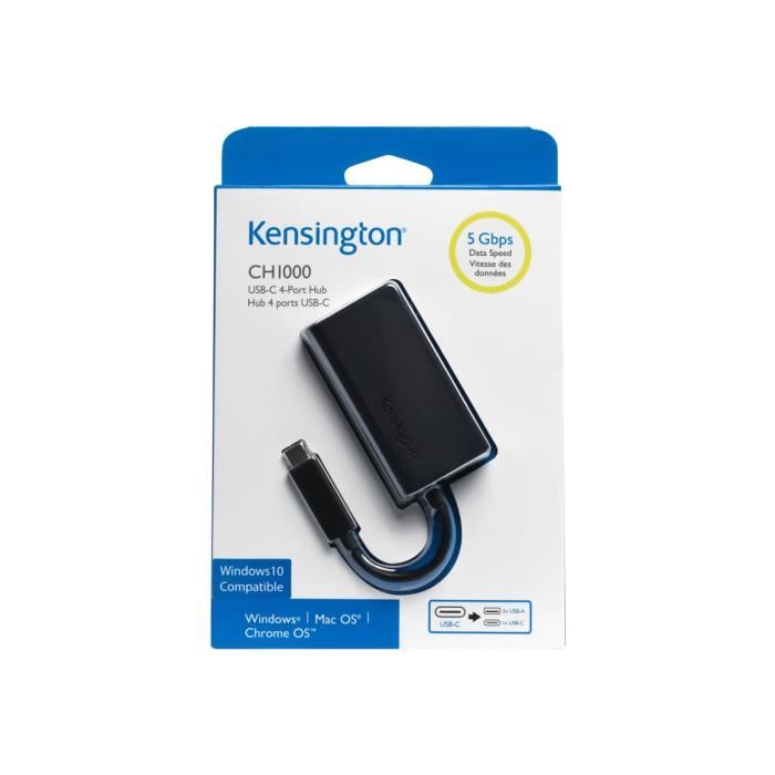Hub USB - KENSINGTON - CH1000 - 4 Ports USB 3.1 - USB Type C - Externe - Noir