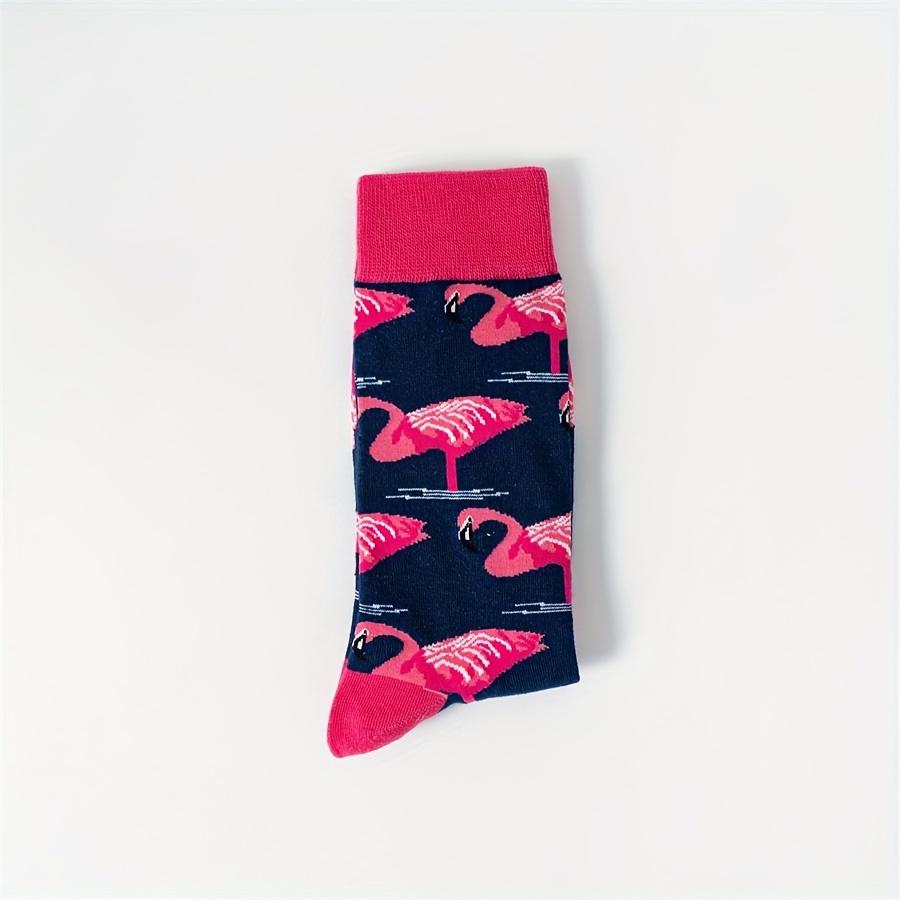 1 pair of autumn and winter new cartoon red mouth dark purple bottom flamingo pattern men's cotton socks mid-tube socks