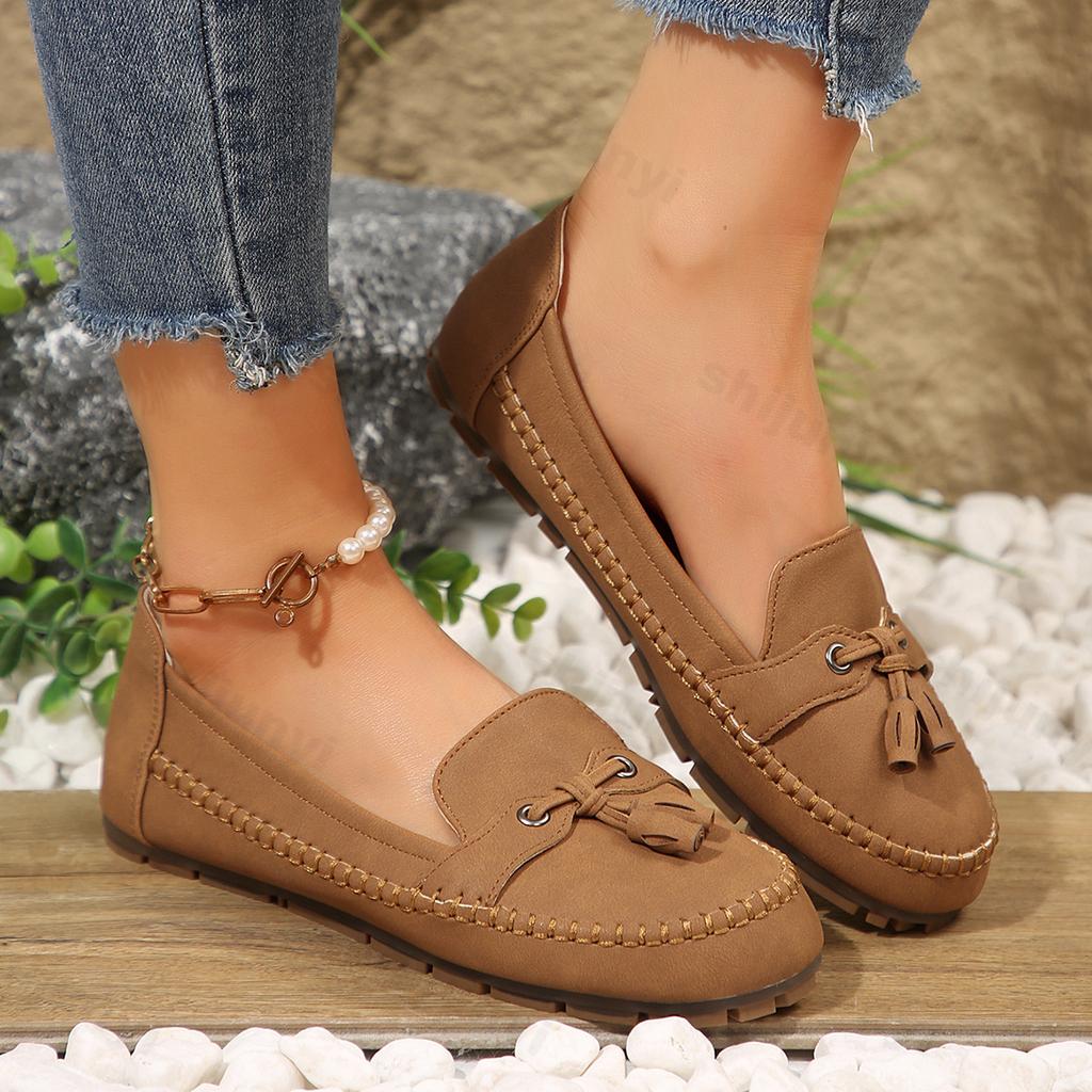 Fashion Women's Loafers Leisure Flat Shoes 2025 Spring New Plus Size 43 Round Toe Tassel Solid Color Lightweight Anti Slip Walking Shoes