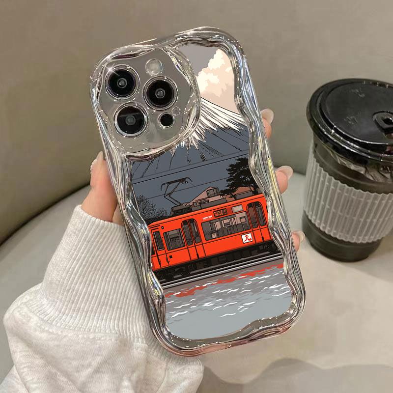 

Чехол Curvy Wave с серебряным покрытием для iPhone 16 Pro 15 14 13 Pro Max 12 11 с рисунком мультяшного поезда, мягкая задняя крышка из ТПУ с гальваническим покрытием iPhone 16 Pro Max