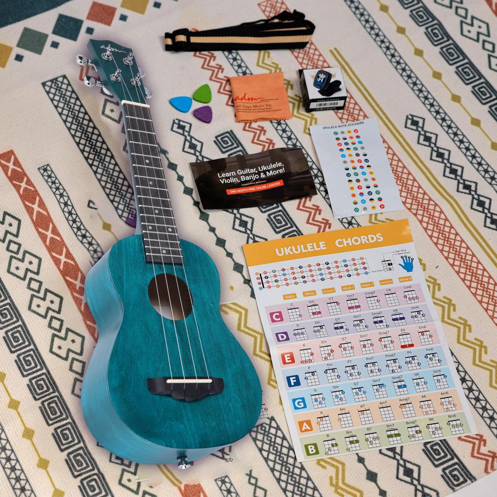 ADM Soprano Ukulele Beginner Ukulele Set Includes Gig Fretboard Storage Bag 21 Kit, - Bag, Tuner, Strap, Stickers, Picks, (Matte Blue, Inch)