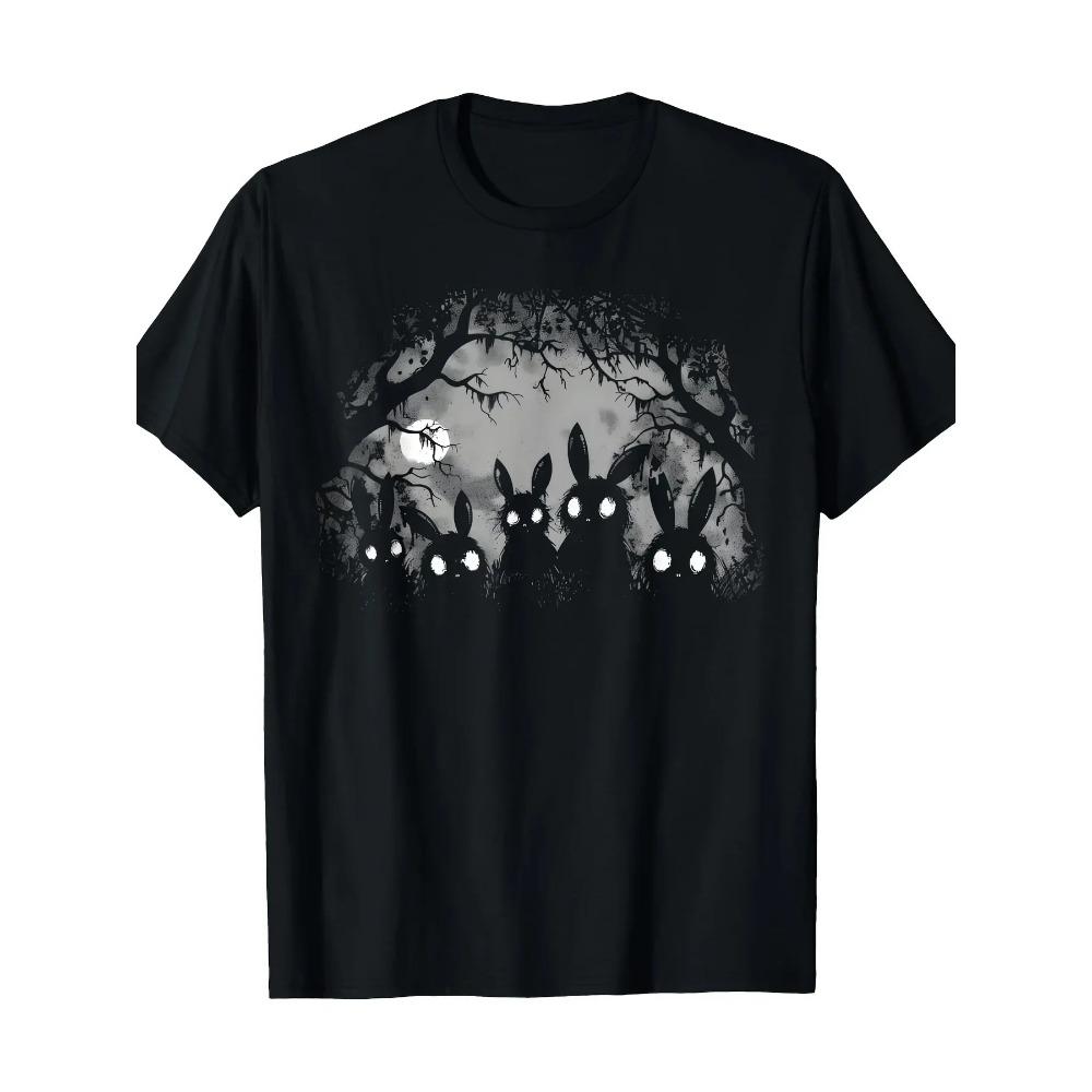Women's Dark Gothic Style Cute Rabbit Horror Tshirt with Eerie Forest Print Adorned with Full Moon and Bat Motifs Clothing