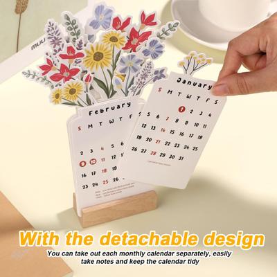 Flower Vase Calendar 2026 Floral Desk Calendar with Wooden Base Bloomy Flower Monthly Calendar for Home Office School