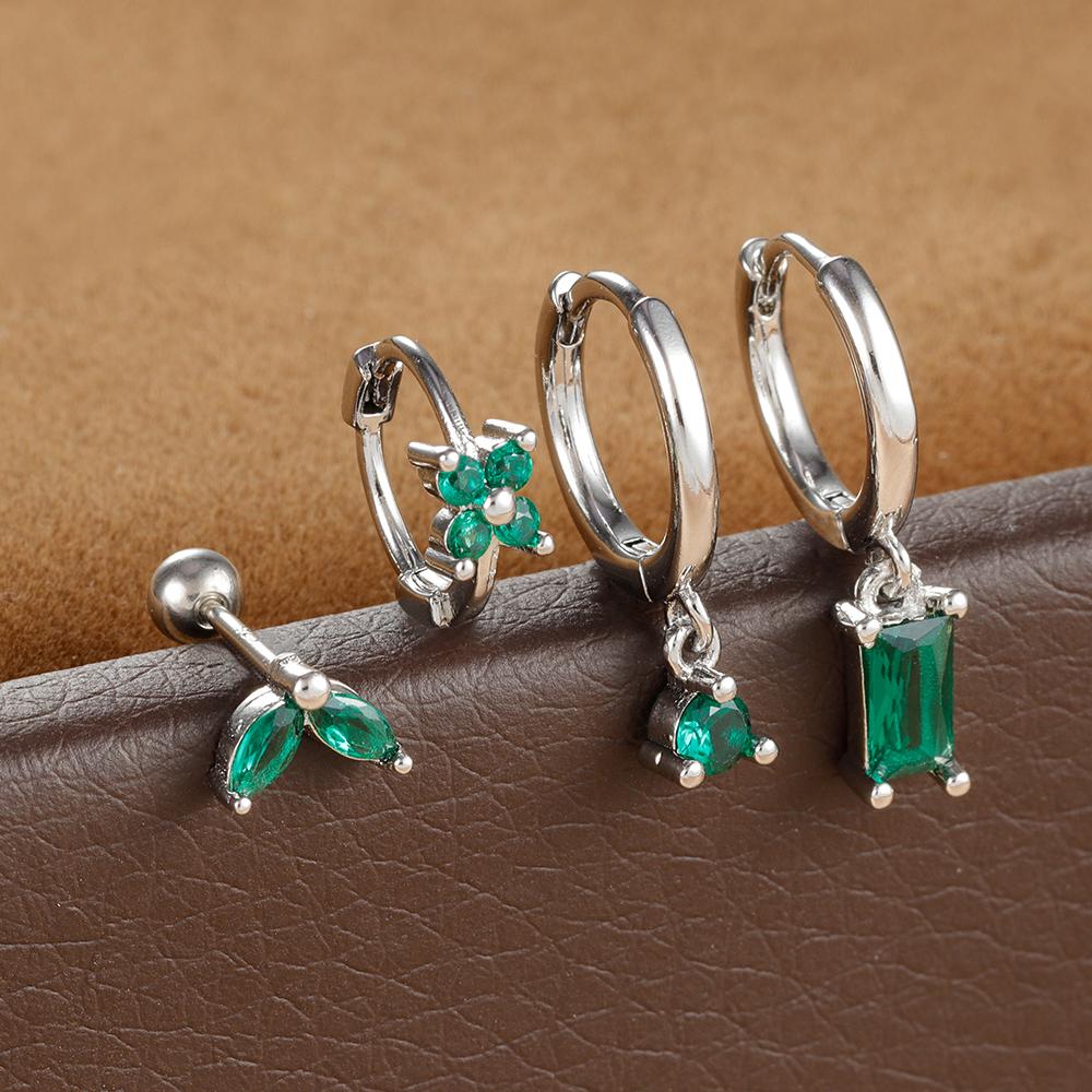 4PCS Fashion Green Crystal Zircon Stainless Steel Hoop Earrings Set For Women Daily Versatile Square Earring Piercing Jewelry