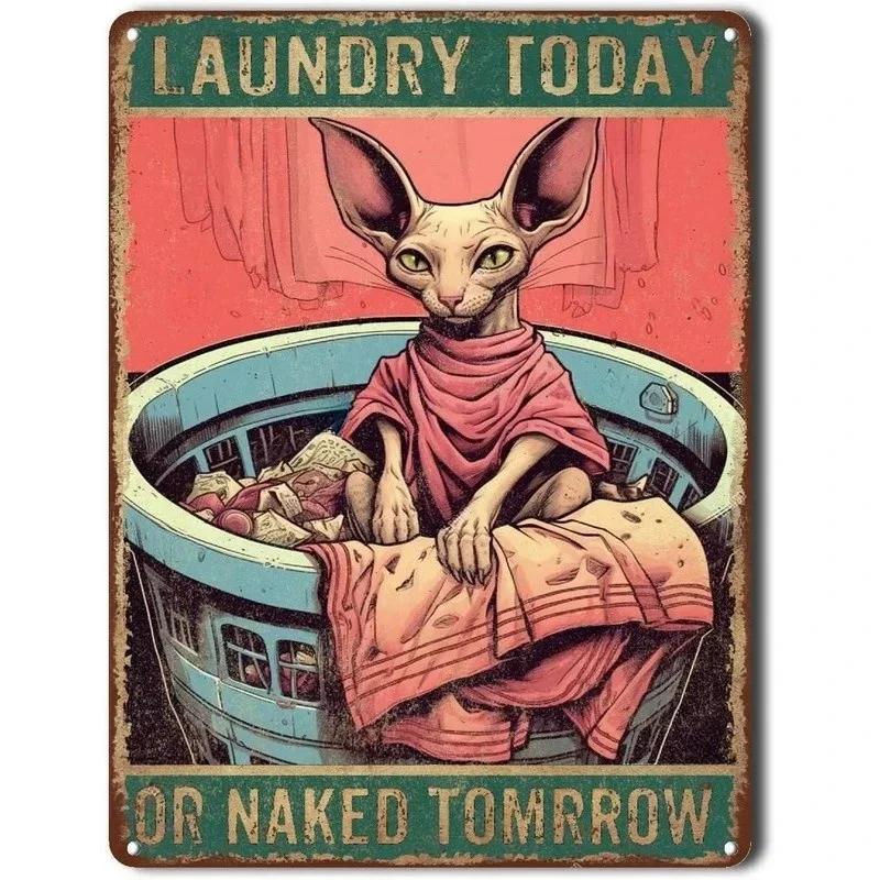 Vintage Fun Laundry Room Metal Tin Sign Plaque Black Cat Posters Decorative Plates For Home Laundry Room Bathroom Wall Decor