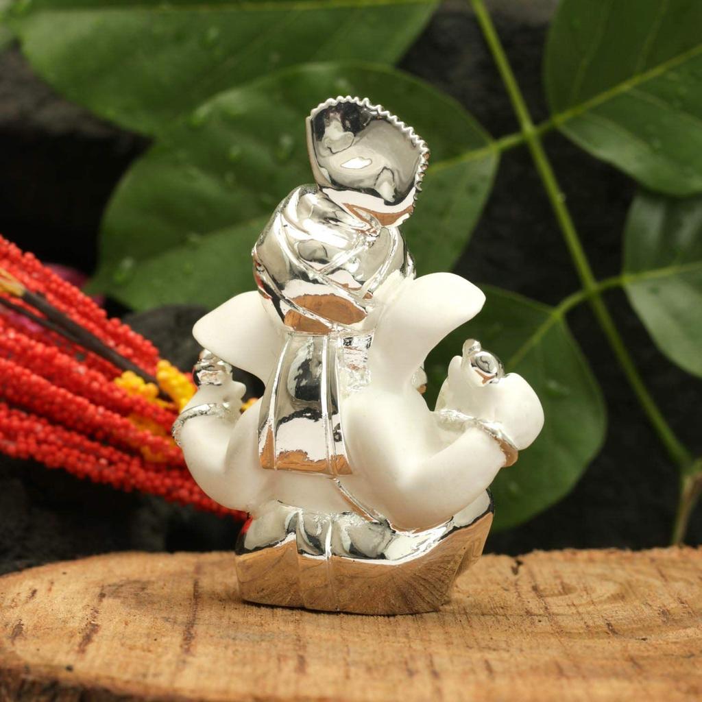 Ganesh Idol for Gift,Silver Plated Terracotta Lord Ganesha Murti for Car Dashboard Home Decoration Items Diwali Gifts