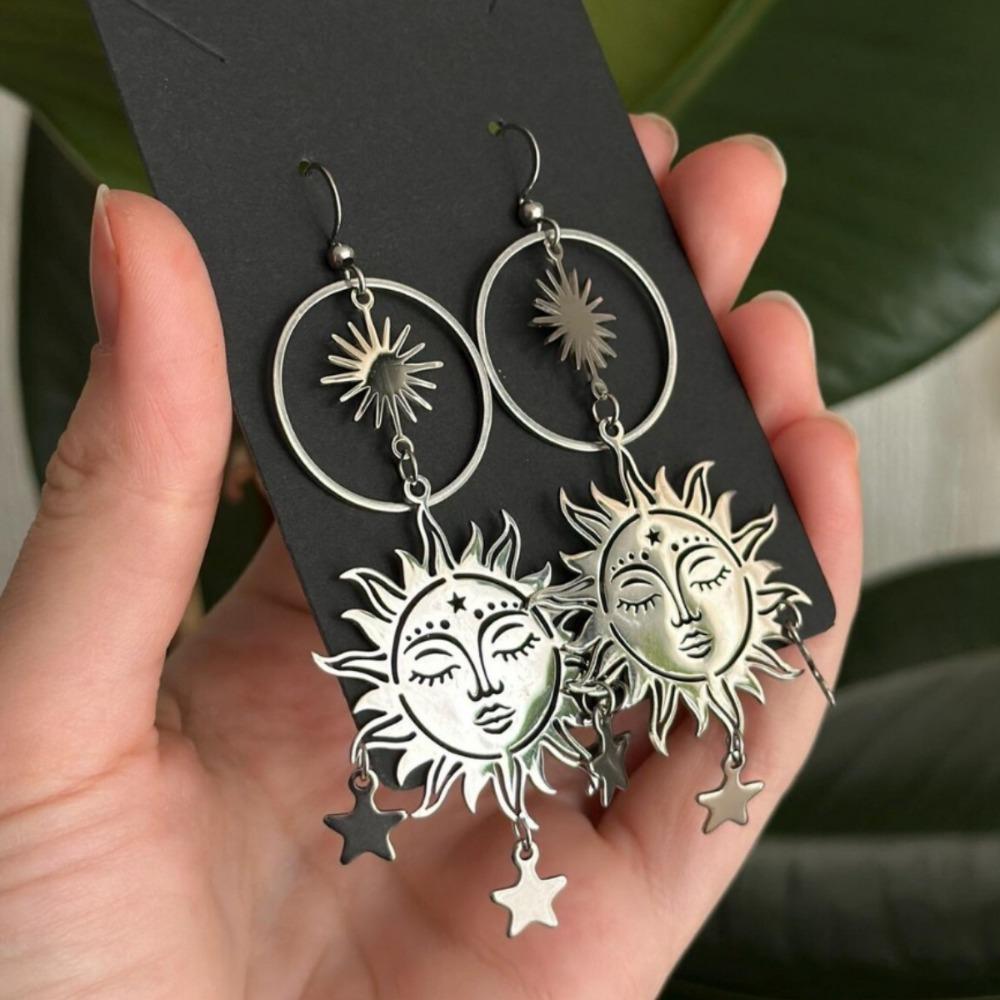 Bohemia Retro Sliver Color Human Face Sun Stars Tassels Pendant Dangle Earrings for Women Stainless Steel Jewelry Accessory Gift