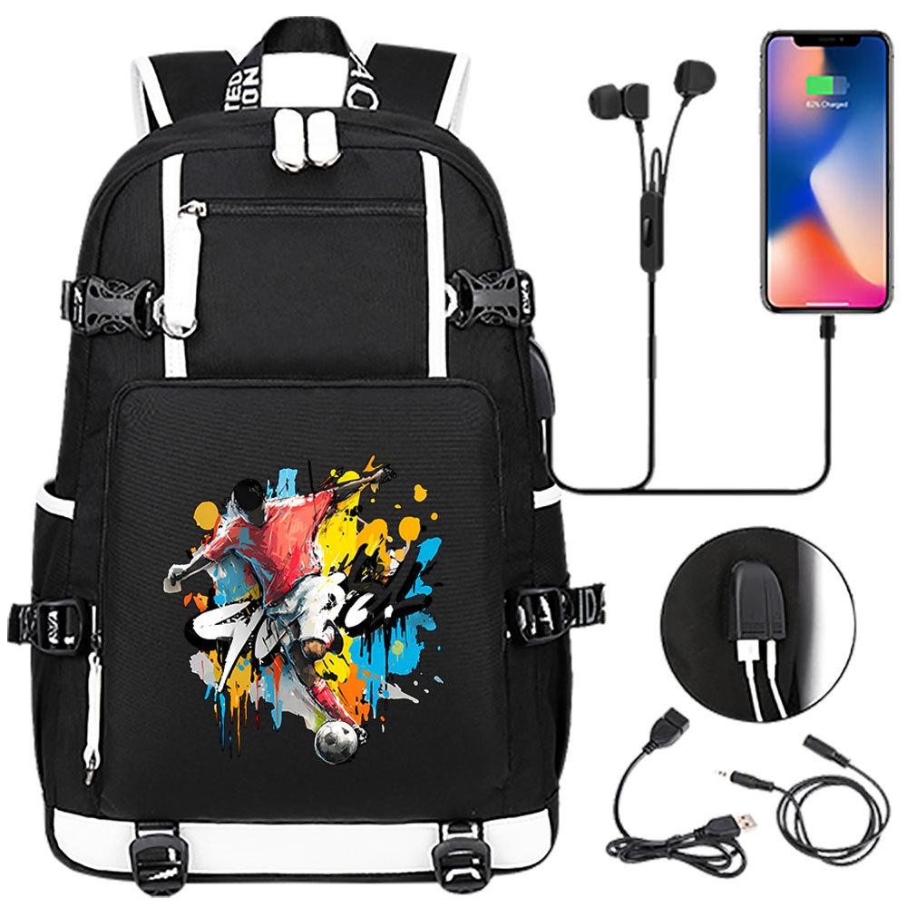 USB Headphone Backpack for Teens Students Boys Girls Leisure Travel Dual Shoulder Bags Soccer Hot Selling Waterproof Large Capacity