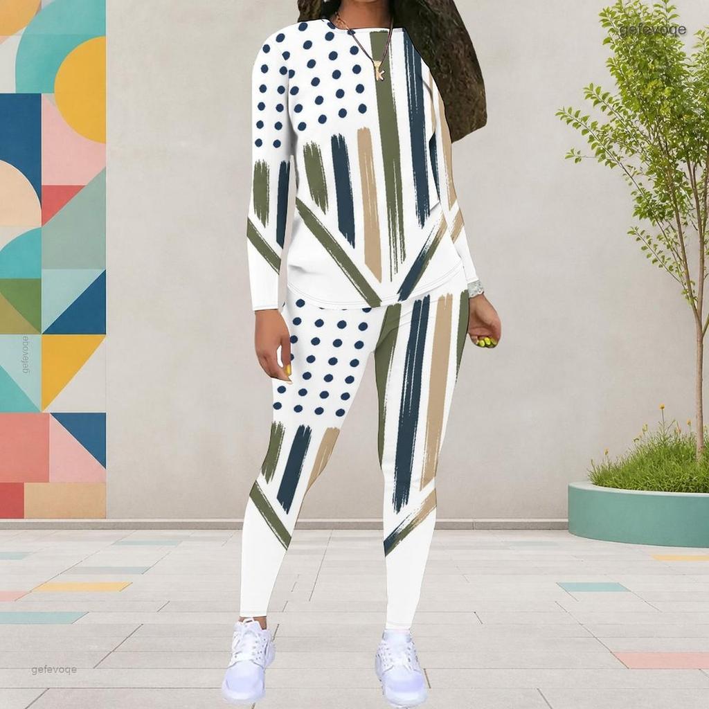 Women Plus Size White Round Neck Long Sleeve Printed Top And Fitted Pants Two Piece Set
