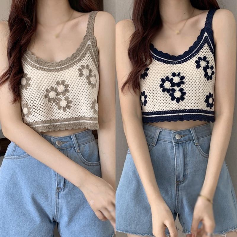 Vintage tílko Bohemia pletené květiny tílko letní barevně sladěné tkané krátké háčkované top pro ženy