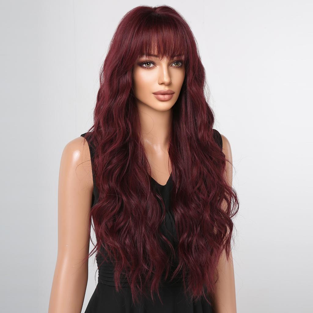 GEMMA Synthetic Dark Wine Red Long Wavy Hair Wig with Bangs Burgundy Cosplay Party Wigs for Women Natural Heat Resistant Fibre