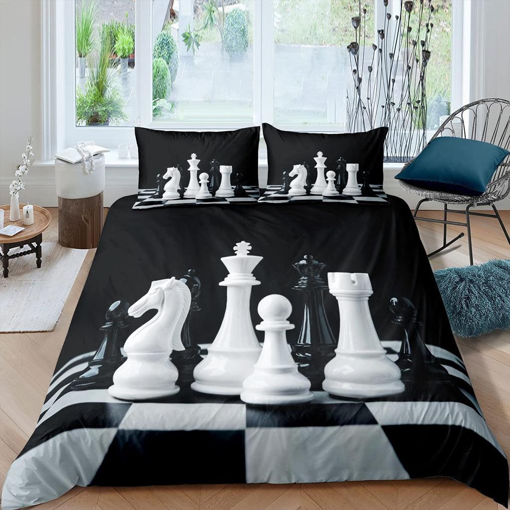 International Chess Duvet Cover Set Queen Size Chess Lovers Bedding Set for Boys Adults Microfiber Black Base 2/3pcs Quilt Cover