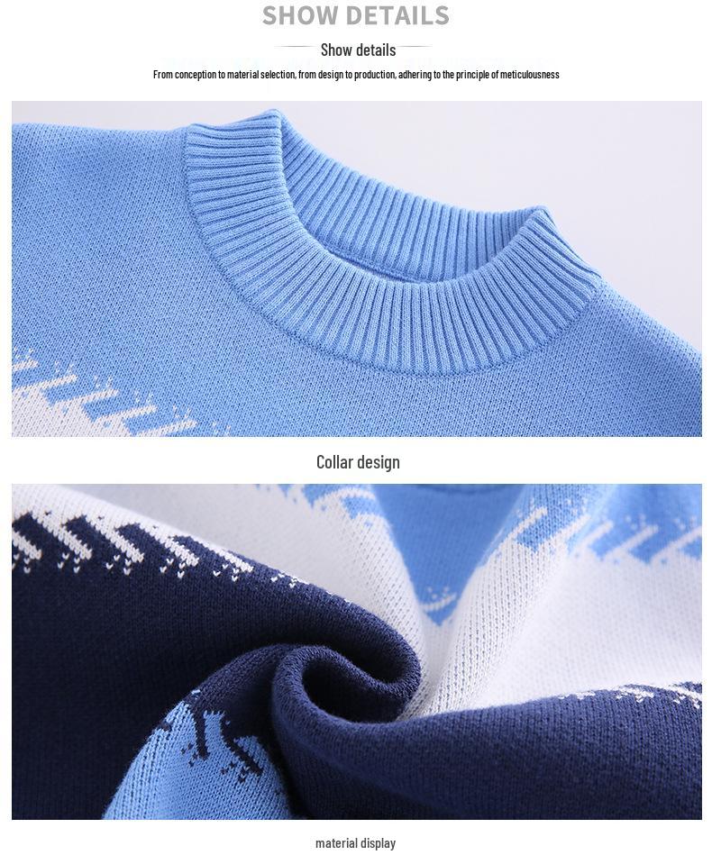 Boy's Round Neck Knit Sweater - Pure Cotton, Fleece-Lined for Autumn/Winter