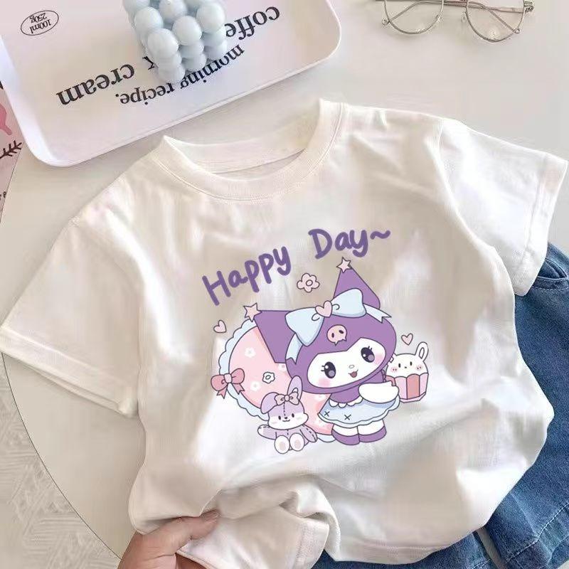 Sanrios 2026 Summer New Design Kuromi Graffiti Cartoon Print Pure Cotton Breathable Childrens ShortSleeved TShirt