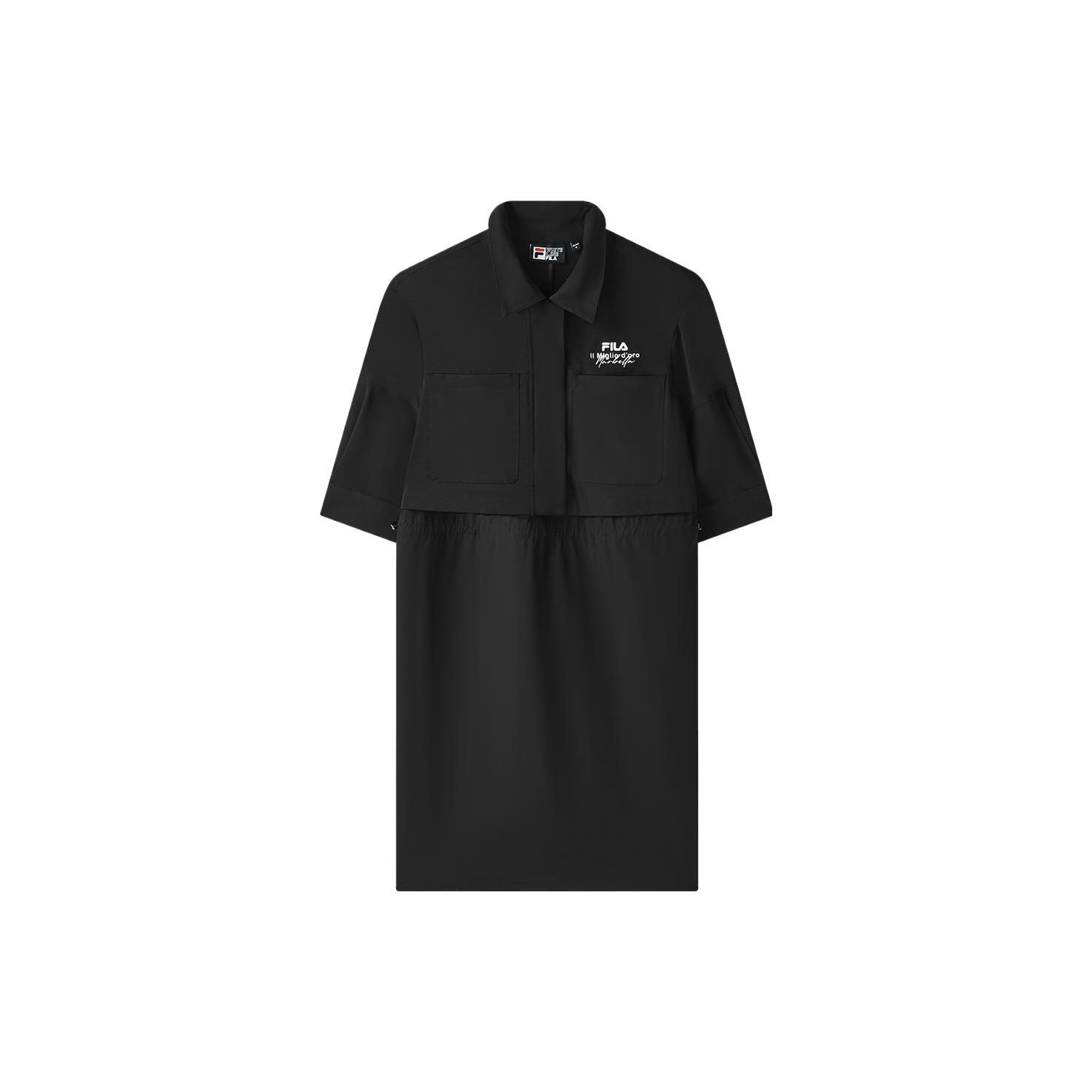 FILA Fashion Casual Solid Color Letter Polo Short Sleeve Dress Women dresses Black F11W328312FBK L