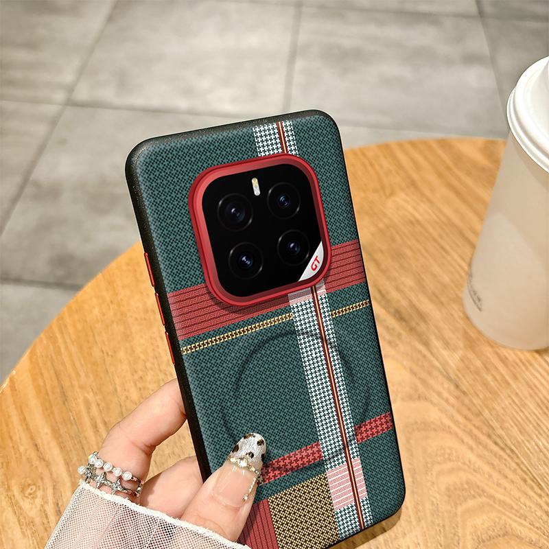 For Honor GT Pro Case Red Green Stripe Pattern Leather Magsafe Individual Metal Keys Matte Anti-Slip Grip Soft Cover
