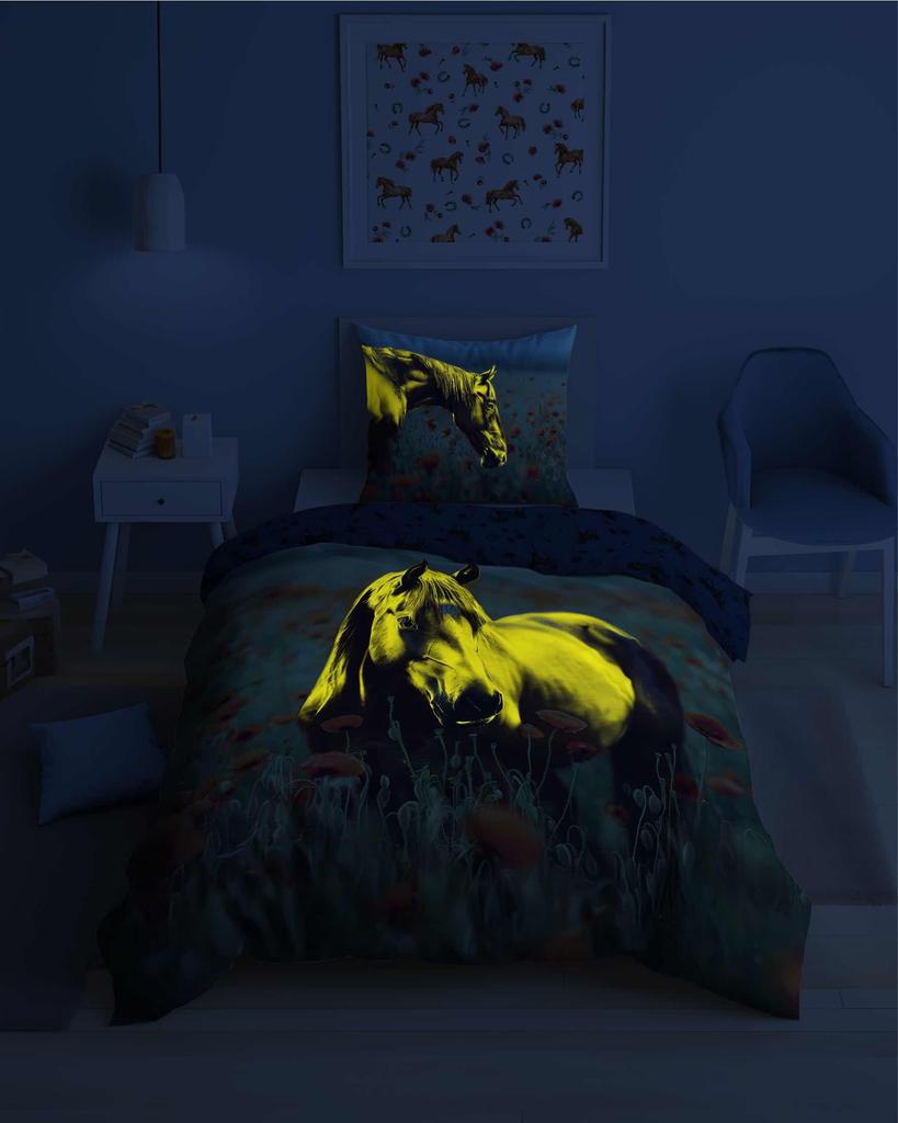 Fluorescent cotton bedding 160x200cm HORSE AND POPPIES
