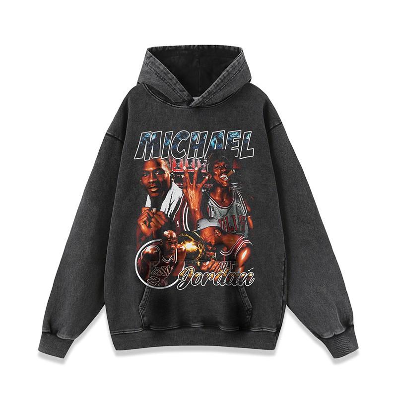 Mens Oversized Hooded Sweatshirt With Vintage Hip Hop Basketball Star Print Washed Distressed Cotton Fall Streetwear