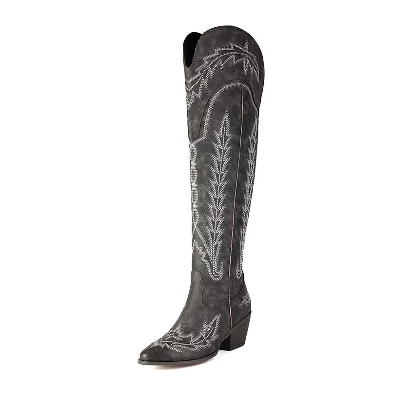 

Plus Size Breathable Embroidered Western Boots Wood Grain Coarse Heel Side Zipper Western Boots Trendy Over The Knee Boots 36 темно-сірий колір