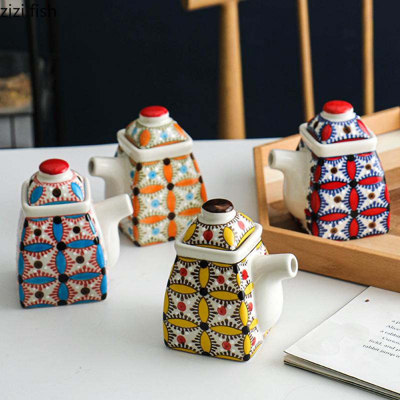 Hand Drawn Ceramic Seasoning Pot Kitchen Spice Container Oil Can Vinegar Pot Seasoning Bottle Ceramic Jar Spice Jar Oil Pots