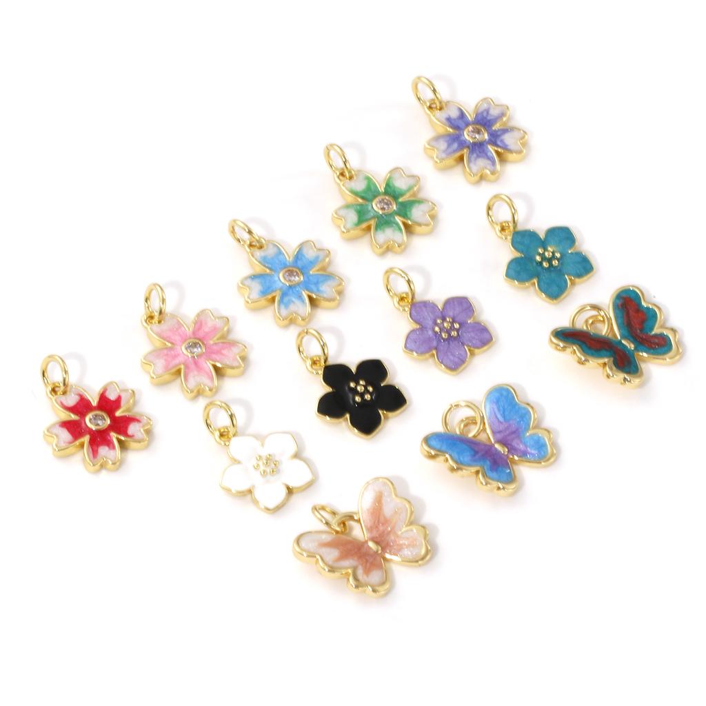 2pcs Enamel Flower Butterfly Brass Charms 18k Gold Plated Multicolor Exquisite Small Pendants For Earrings Necklace Findings