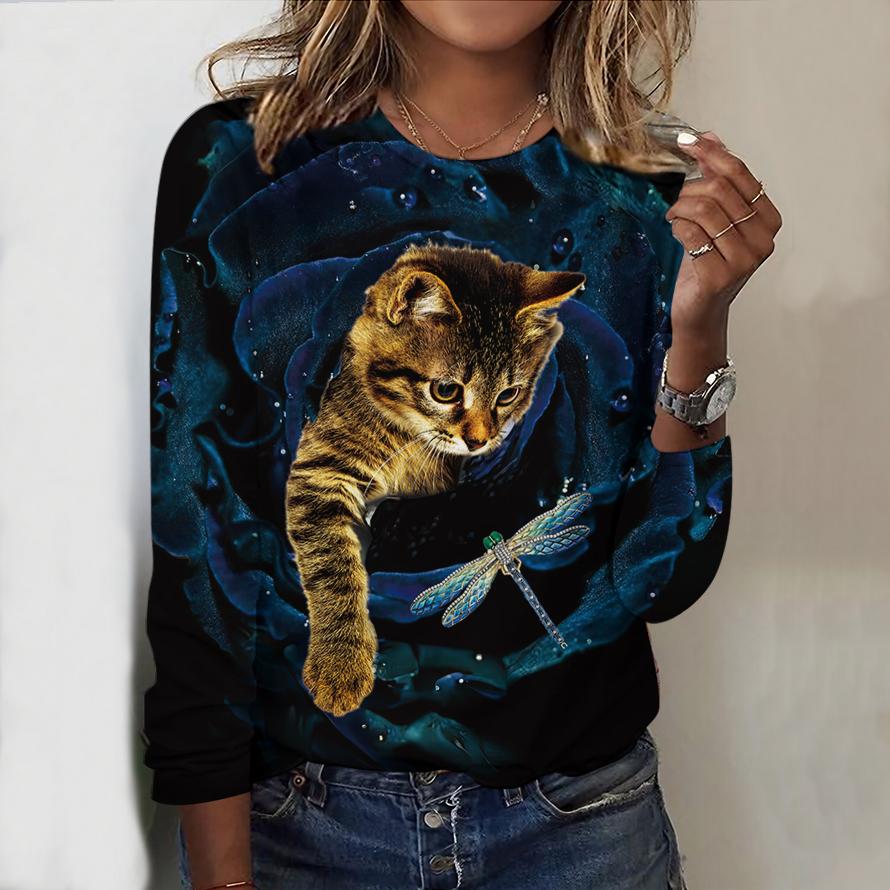 

Топы на весну и осень, принт «Стрекоза», кошка, круглый вырез, длинный рукав, футболка, осенний повседневный тонкий пуловер, женский топ с длинным рукавом XS белый