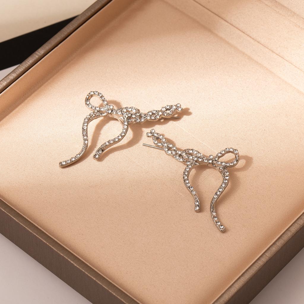 Exquisite And Sweet Full Diamond Streamer Bow Earrings Light Luxury High-End Sense Niche Simple Design Sense Earrings
