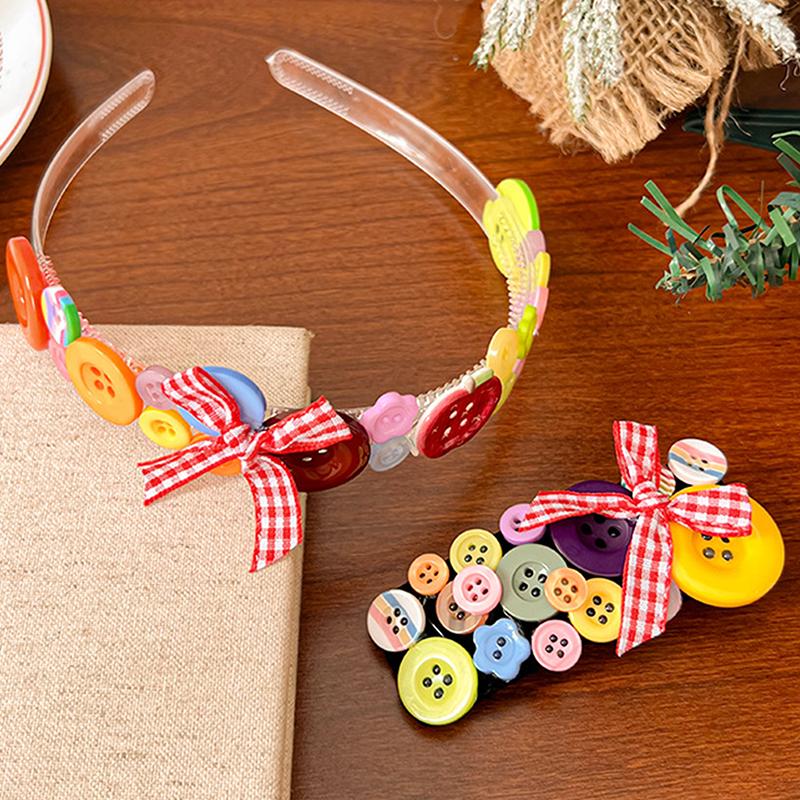 Dopamine Colored Button Headband Headwear Childishness Hairband Face Washing Bow Hair Hoop Sweet  Hair Clip Gifts