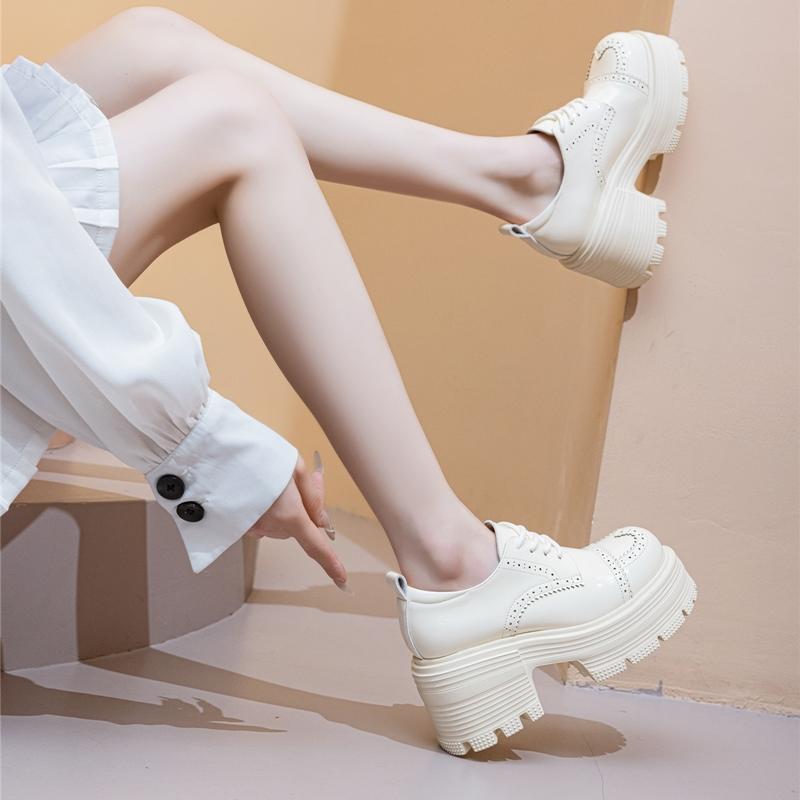 Brogue Women's Shoes 9cm Thick-soled Lace-up Loafers Female Comfortable and Height-enhancing Women High Heels
