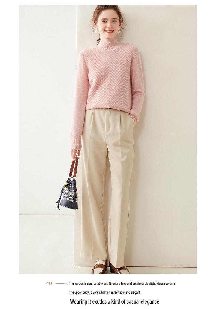 Women's Cashmere V-Neck Twill Sweater - Half-High Collar, Long Sleeve, Loose Fit, Slimming Base Layer for Autumn & Winter.