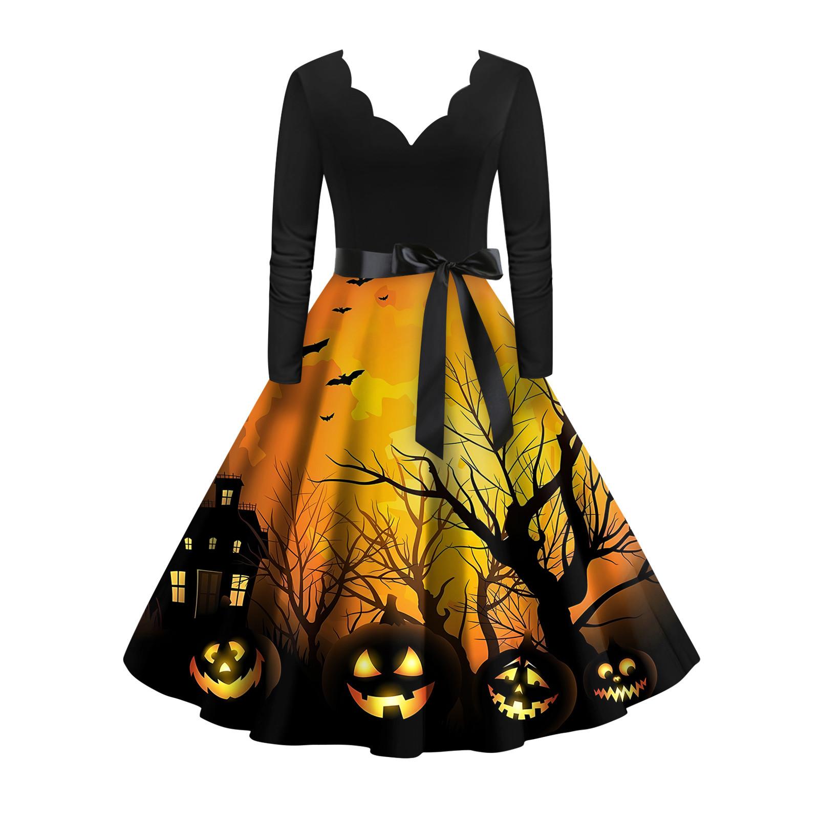 

Женское винтажное классическое платье с вырезом на талии и галстуком-бабочкой с длинными рукавами на Хэллоуин с принтом и V-образным вырезом, свободное платье XXXXXL оранжевый