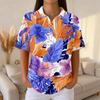 Women’s Casual Short Sleeve Knit Collared Shirt with Hawaiian Style Turtle Print Button Down Summer Top