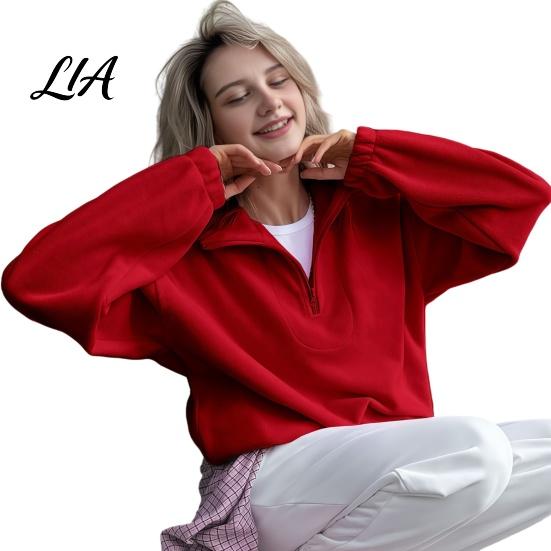 Lady Sweatshirt Women Solid Color Collared Sweatshirt, Loose Half Zipper Collar Pullover Top, Casual Sports Long Sleeve Outfits for Autumn Winter