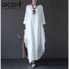 QICED Women Long Loose Summer Casual Dress Linen Cotton Plus Size