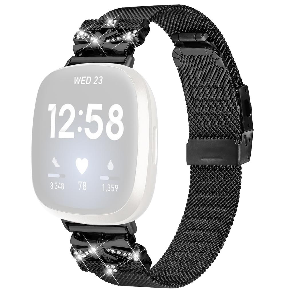 For Fitbit Sense/Versa 3 Rhinestone Decor Milanese Watchband Stainless Steel Watch Strap