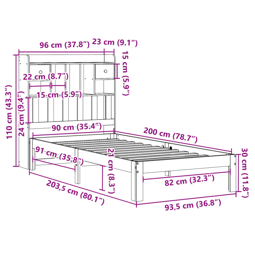 Solid Wood Bed with Shelf Without Mattress White 90x200 cm Pine