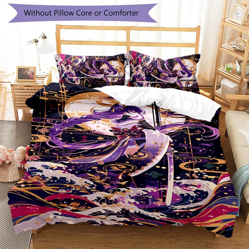 3pcs Genshin Impact Balzebub pattern bedding set duvet cover set includes duvet cover &pillowcases, perfect all season bedroom decoration & gift