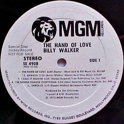 

LP Record BILLY WALKER - The Hand Of Love SE4908 MGM Records 1973 US Folk Used