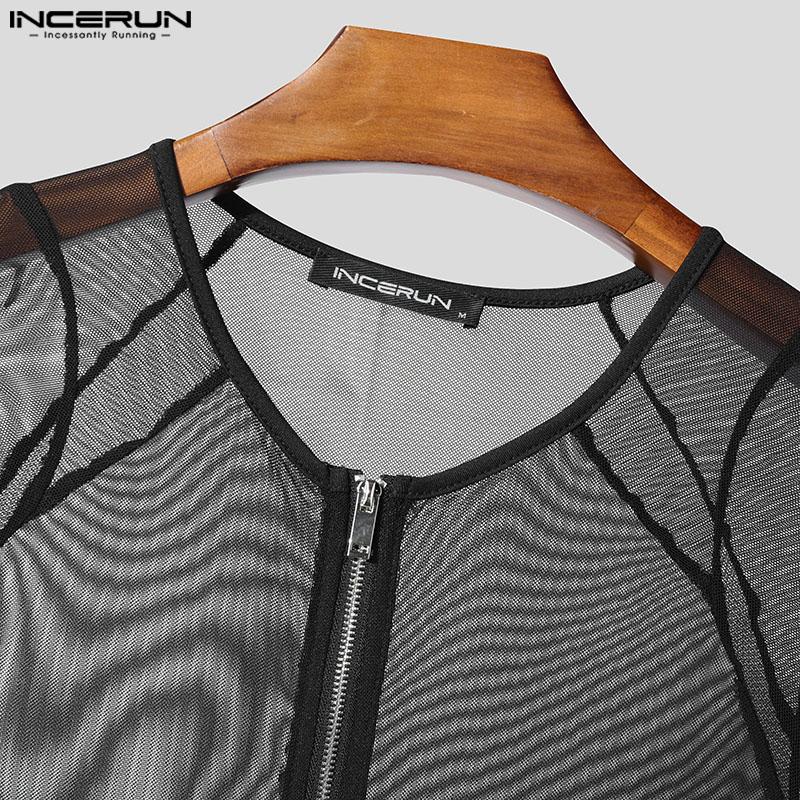 INCERUN Men Mesh Zip-up Long Sleeve Patchwork See Through Short Romper Jumpsuits  Bodysuits
