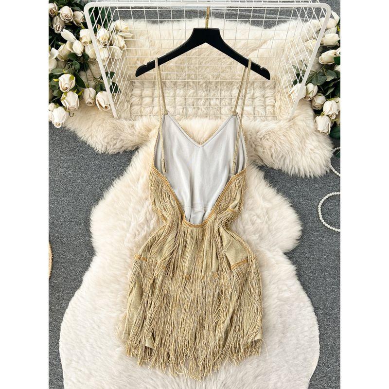 Sexy Open Back Furry Tassel Slim Looking Sling Dress