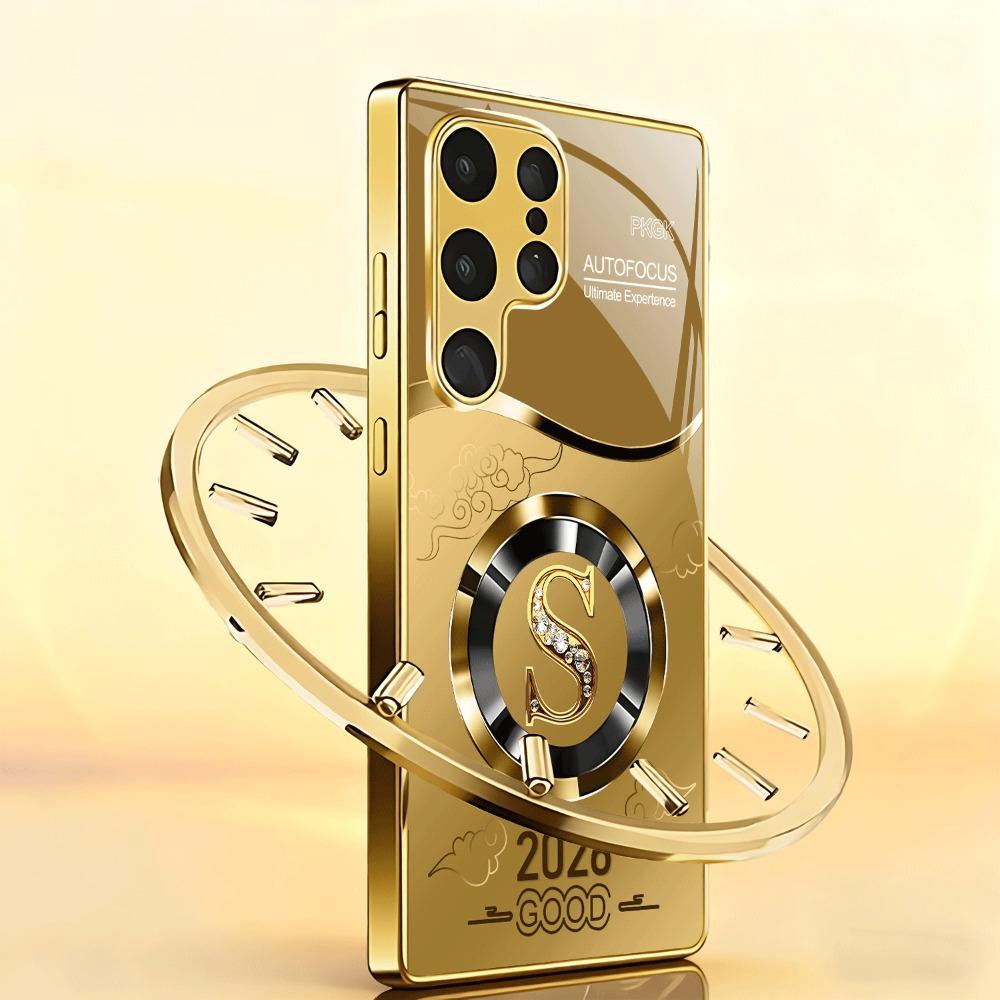 Circular Letter S Pattern Gold Glass Phone Case Suitable for Samsung Galaxy S26 S25 S24 S22 S21 S20 FE Ultra Plus Shockproof