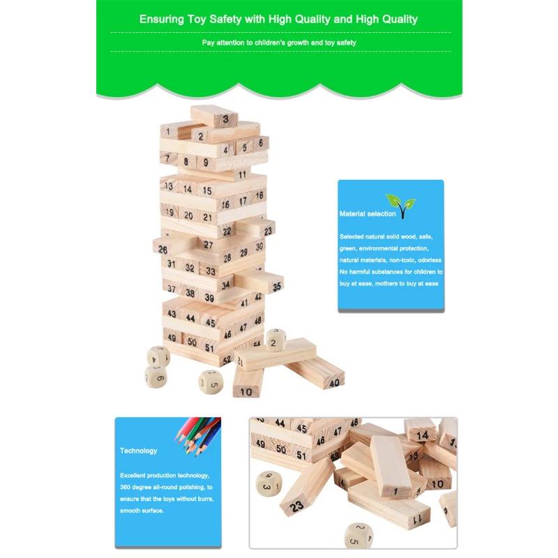 54PCS Wooden Stack High Game Blocks Toy Classic Balance Brain Game Toy Intelligence Educational Toys for Kids Children Boy Gift